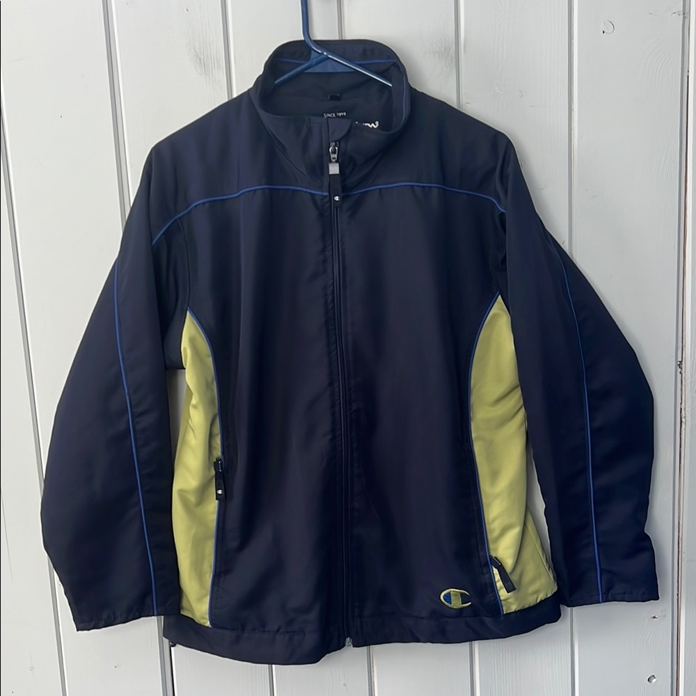 VINTAGE Champion Full Zip Windbreaker Jacket Womens Size M Blue Green Lined Logo